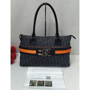 Christian Dior Flight Navy Blue Canvas Leather Trim Zipper Satchel Shoulder Bag